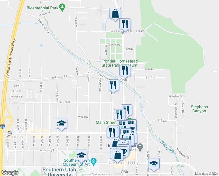 map of restaurants, bars, coffee shops, grocery stores, and more near 477 North 100 West in Cedar City