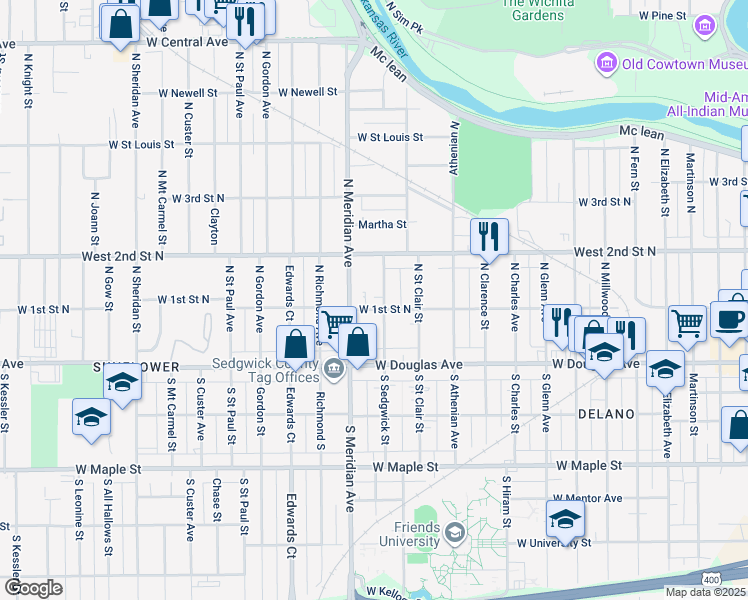 map of restaurants, bars, coffee shops, grocery stores, and more near 200 N Sedgwick St in Wichita