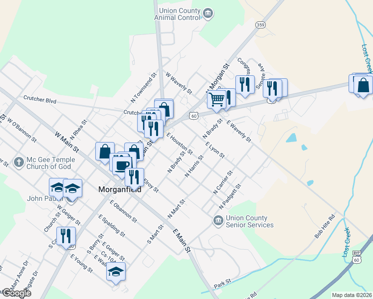 map of restaurants, bars, coffee shops, grocery stores, and more near 301 East Houston Street in Morganfield
