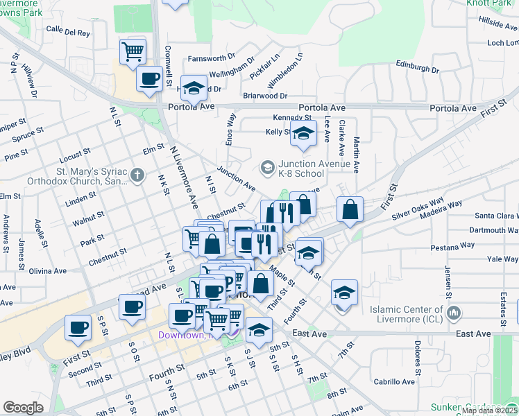 map of restaurants, bars, coffee shops, grocery stores, and more near 277 Junction Avenue in Livermore