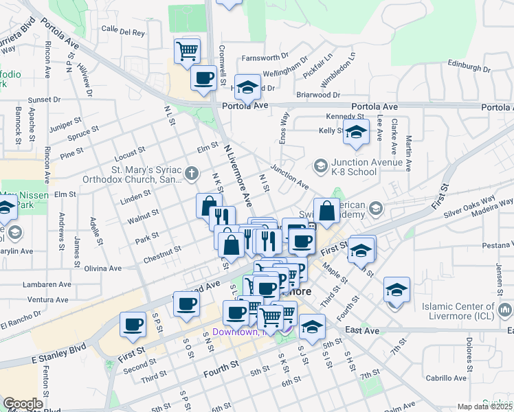 map of restaurants, bars, coffee shops, grocery stores, and more near 352 North Livermore Avenue in Livermore