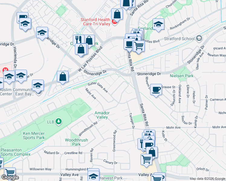 map of restaurants, bars, coffee shops, grocery stores, and more near 4594 Lin Gate Street in Pleasanton