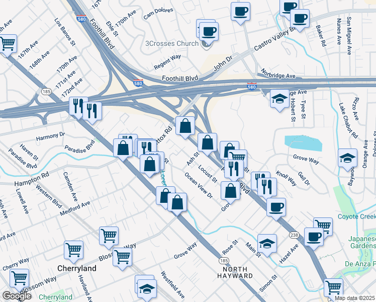 map of restaurants, bars, coffee shops, grocery stores, and more near 20925 Locust Street in Hayward