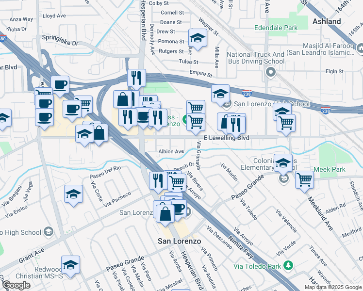 map of restaurants, bars, coffee shops, grocery stores, and more near 15630 Tracy Street in San Lorenzo