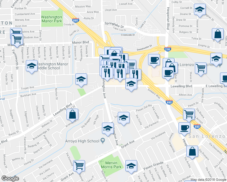map of restaurants, bars, coffee shops, grocery stores, and more near 15325 Tropic Court in San Leandro