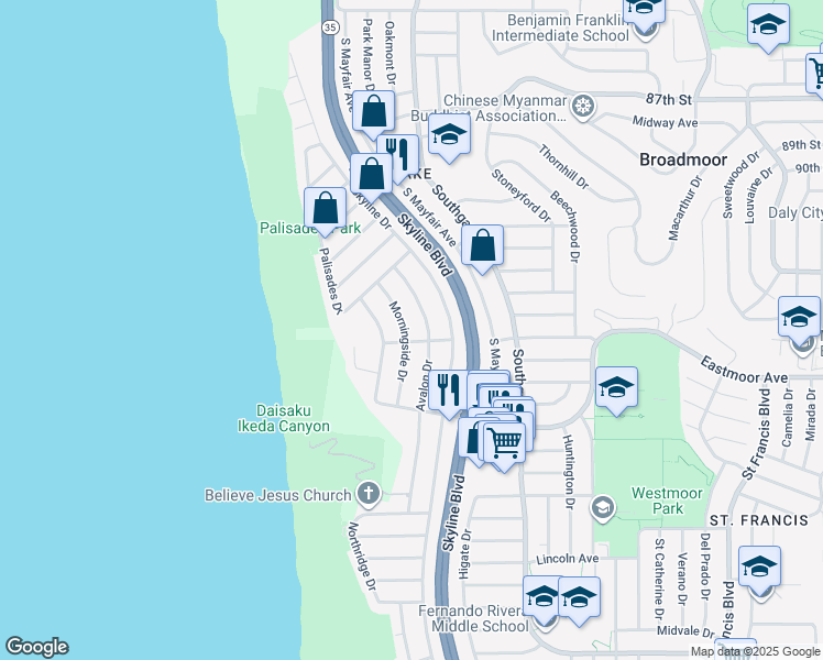 map of restaurants, bars, coffee shops, grocery stores, and more near 87 Morningside Drive in Daly City