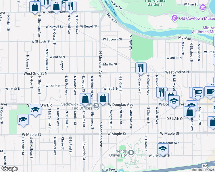 map of restaurants, bars, coffee shops, grocery stores, and more near 200 N Sedgwick St in Wichita
