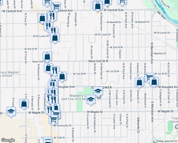 map of restaurants, bars, coffee shops, grocery stores, and more near 201 Joann North in Wichita
