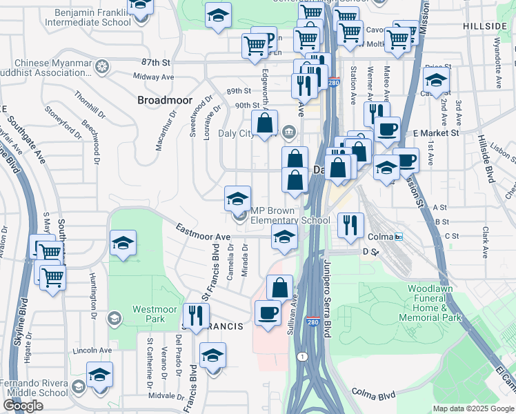 map of restaurants, bars, coffee shops, grocery stores, and more near 290 Pierce Street in Daly City