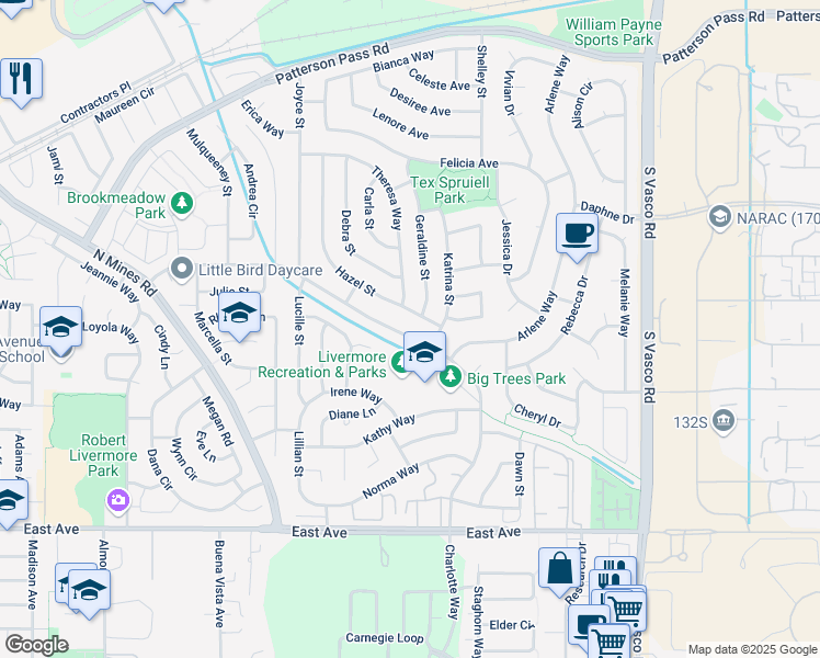map of restaurants, bars, coffee shops, grocery stores, and more near 5340 Charlotte Way in Livermore