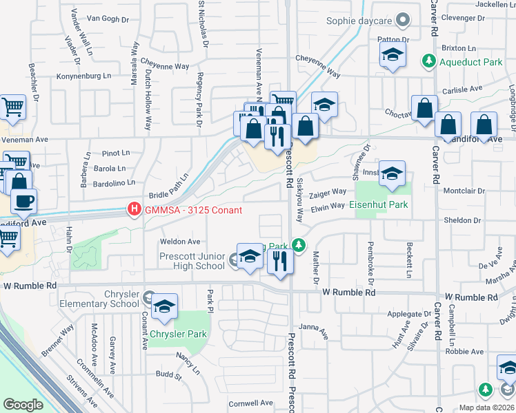 map of restaurants, bars, coffee shops, grocery stores, and more near 2140 Northridge Drive in Modesto