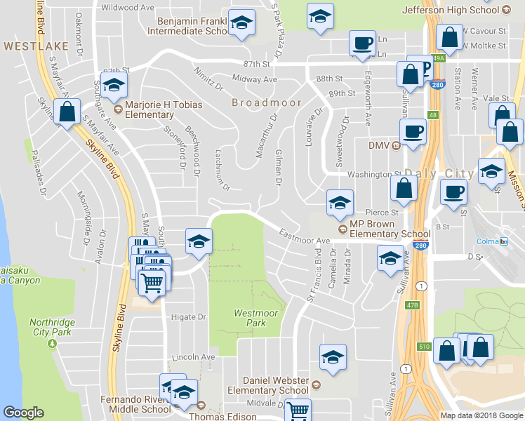 map of restaurants, bars, coffee shops, grocery stores, and more near 1073 Gilman Drive in Daly City