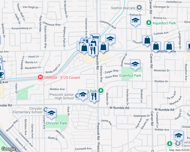map of restaurants, bars, coffee shops, grocery stores, and more near 2104 Northridge Drive in Modesto