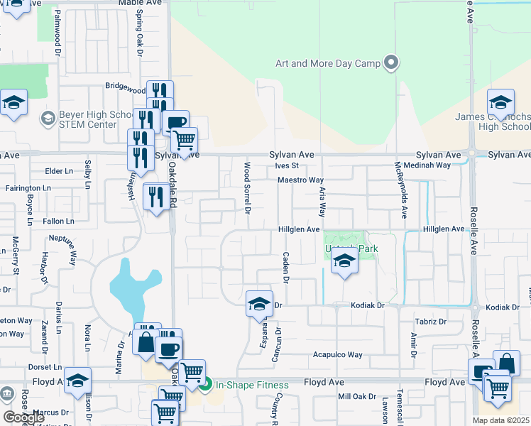 map of restaurants, bars, coffee shops, grocery stores, and more near 2416 Mountain Pride Court in Modesto