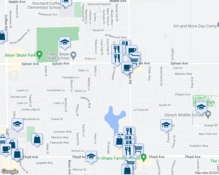 map of restaurants, bars, coffee shops, grocery stores, and more near 2028 Waterfall Court in Modesto