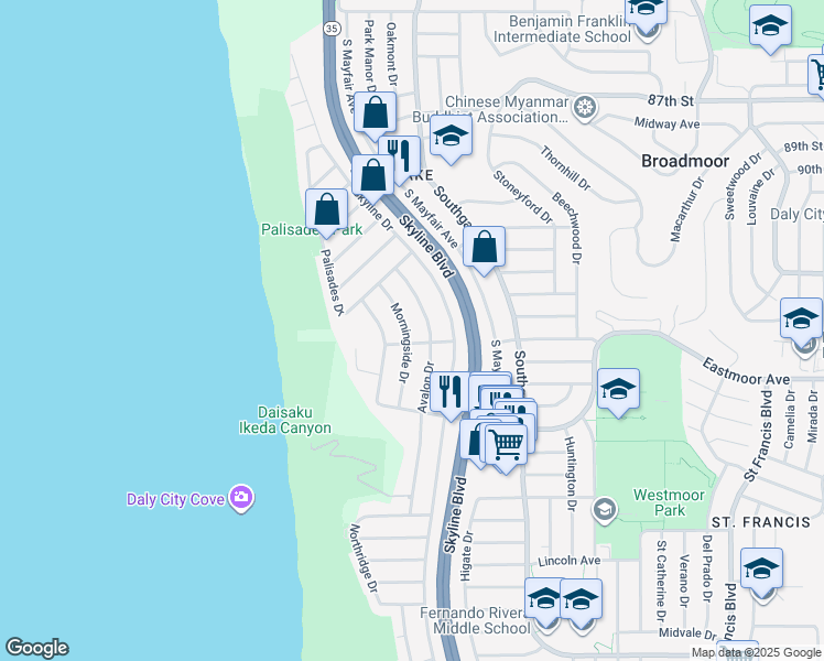 map of restaurants, bars, coffee shops, grocery stores, and more near 87 Morningside Drive in Daly City