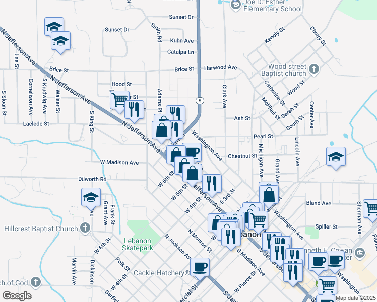 map of restaurants, bars, coffee shops, grocery stores, and more near 261 East 6th Street in Lebanon