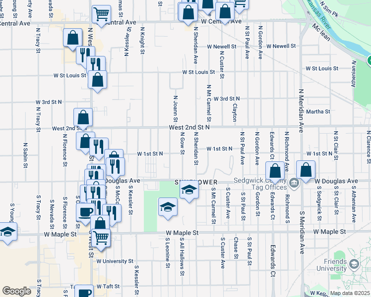 map of restaurants, bars, coffee shops, grocery stores, and more near 208 North Gow Street in Wichita