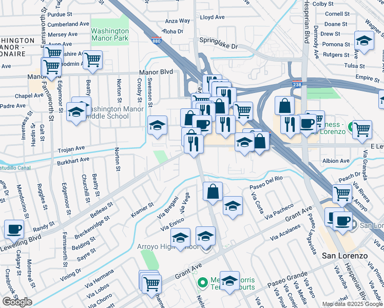 map of restaurants, bars, coffee shops, grocery stores, and more near 712 Lewelling Boulevard in San Leandro