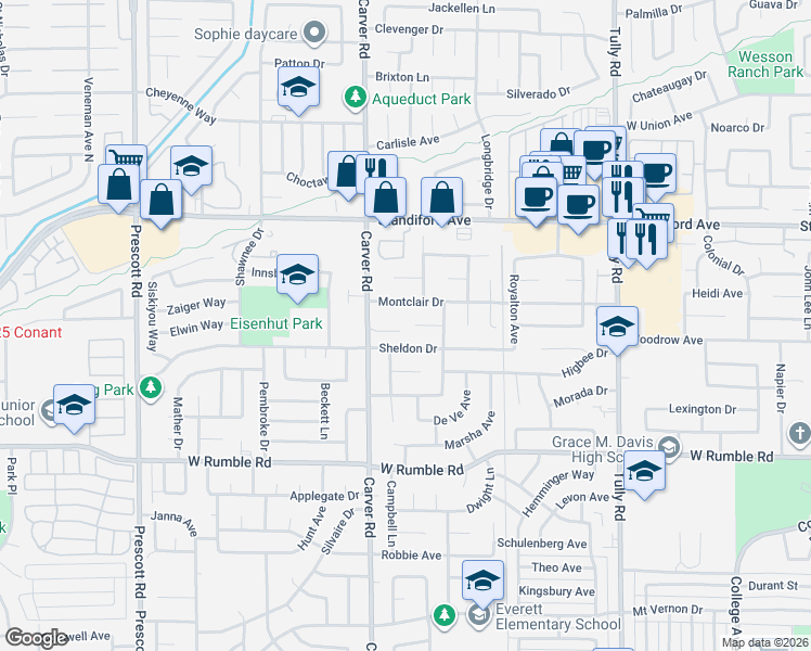 map of restaurants, bars, coffee shops, grocery stores, and more near 3242 Carver Road in Modesto