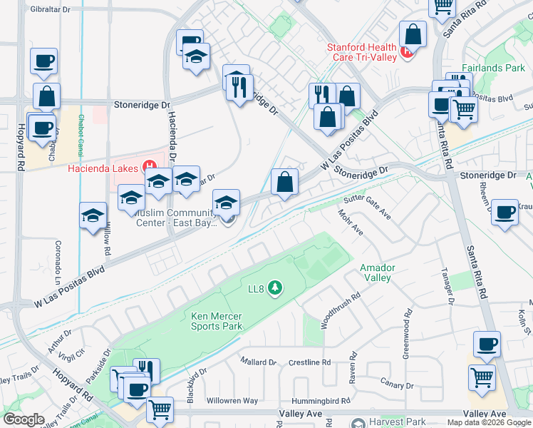 map of restaurants, bars, coffee shops, grocery stores, and more near 3192 Delicado Court in Pleasanton