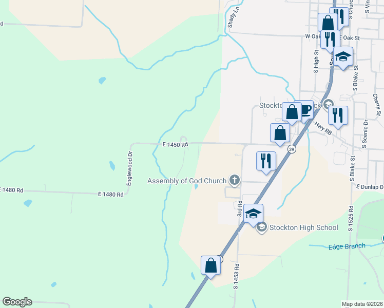 map of restaurants, bars, coffee shops, grocery stores, and more near 14510 East 1450 Road in Stockton