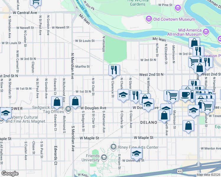 map of restaurants, bars, coffee shops, grocery stores, and more near 200 North Clarence Street in Wichita