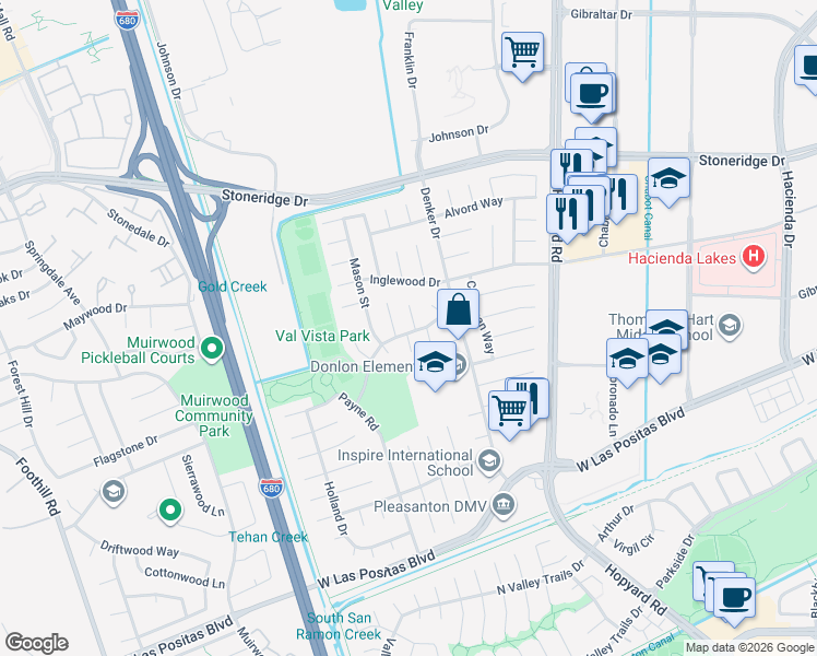 map of restaurants, bars, coffee shops, grocery stores, and more near 4406 Downing Court in Pleasanton