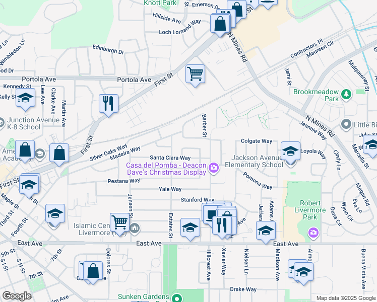 map of restaurants, bars, coffee shops, grocery stores, and more near 3959 Purdue Way in Livermore
