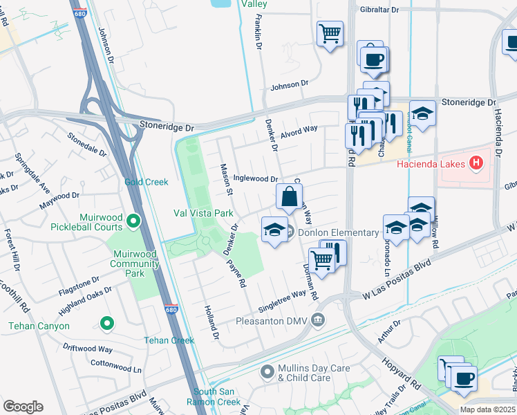 map of restaurants, bars, coffee shops, grocery stores, and more near 4406 Downing Court in Pleasanton