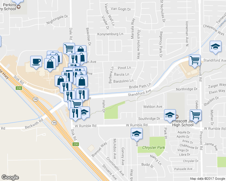 map of restaurants, bars, coffee shops, grocery stores, and more near 2616 Bridle Path Lane in Modesto