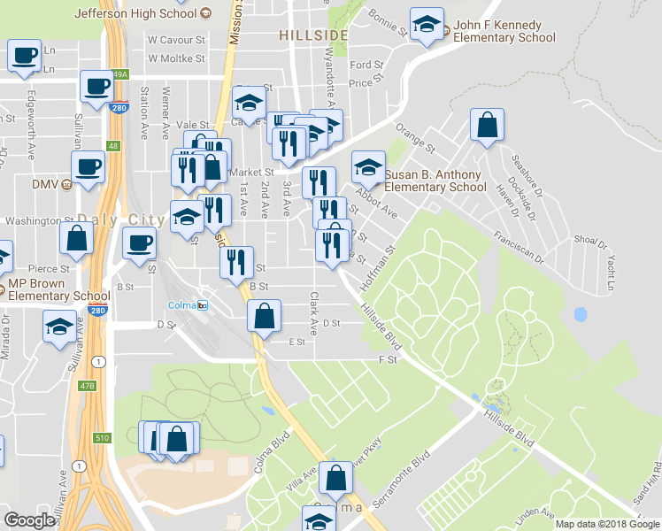 map of restaurants, bars, coffee shops, grocery stores, and more near 1196 Hillside Boulevard in Daly City
