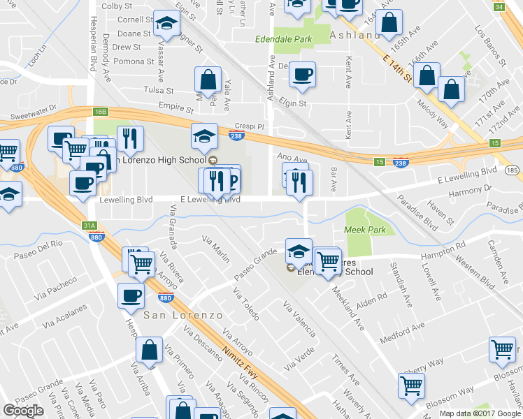 map of restaurants, bars, coffee shops, grocery stores, and more near 16787 Tiger Lane in San Lorenzo