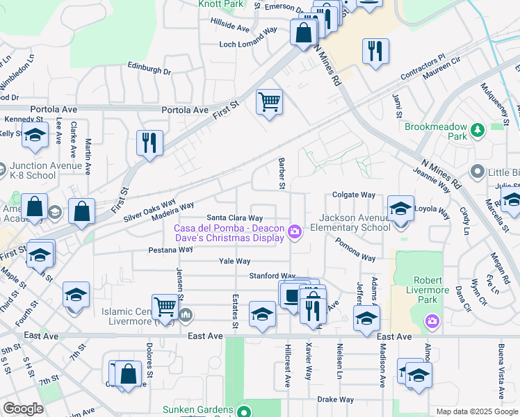 map of restaurants, bars, coffee shops, grocery stores, and more near 3959 Purdue Way in Livermore