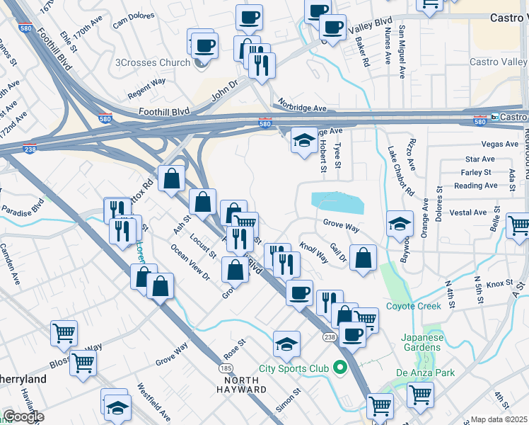 map of restaurants, bars, coffee shops, grocery stores, and more near 21314 Gary Drive in Hayward