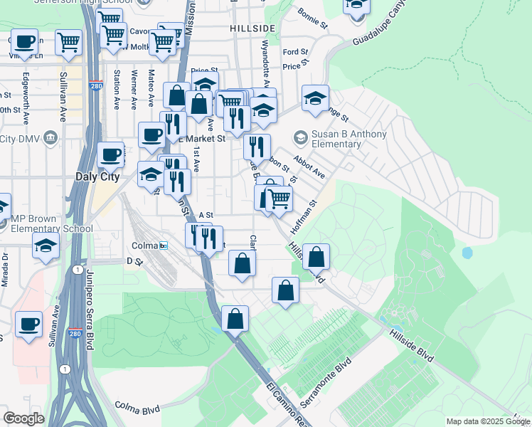 map of restaurants, bars, coffee shops, grocery stores, and more near 1196 Hillside Boulevard in Daly City