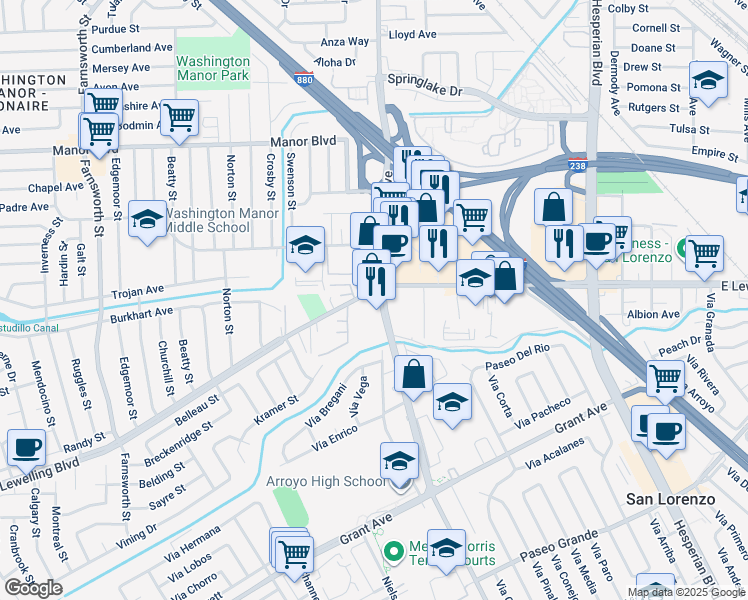 map of restaurants, bars, coffee shops, grocery stores, and more near 712 Lewelling Boulevard in San Leandro