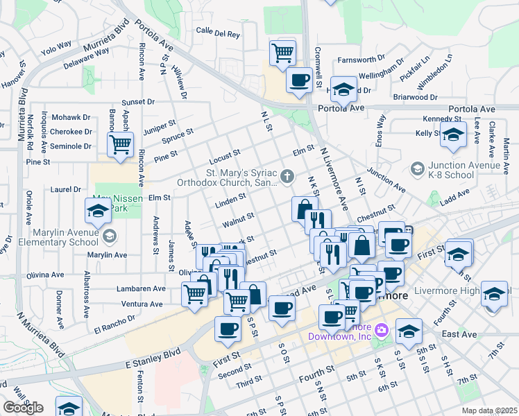 map of restaurants, bars, coffee shops, grocery stores, and more near 1822 Walnut Street in Livermore
