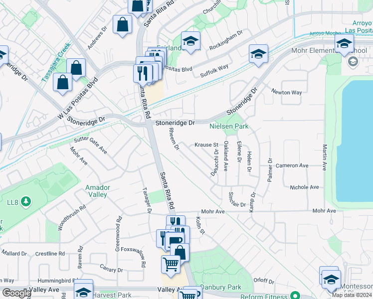 map of restaurants, bars, coffee shops, grocery stores, and more near 2154 Alexander Way in Pleasanton