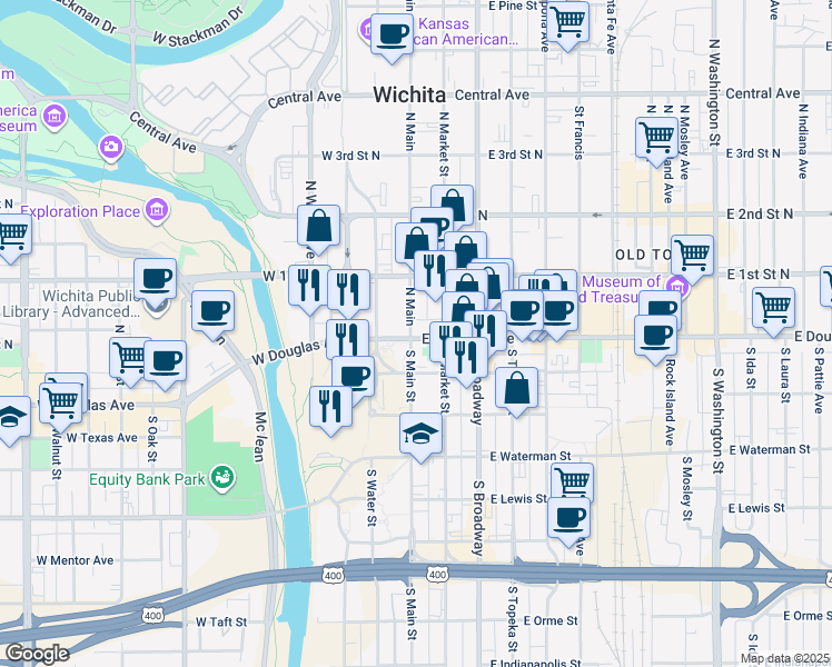 map of restaurants, bars, coffee shops, grocery stores, and more near 100 East Douglas Avenue in Wichita