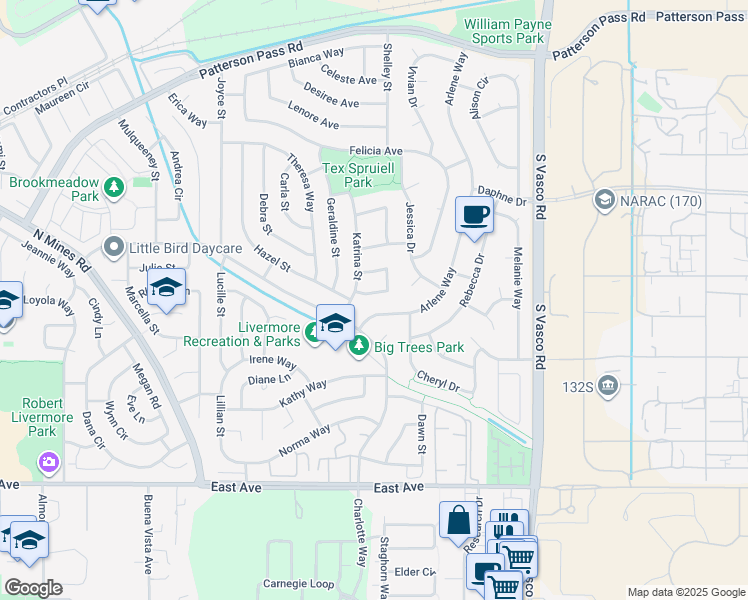map of restaurants, bars, coffee shops, grocery stores, and more near 5472 Arlene Way in Livermore
