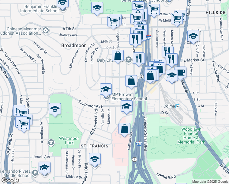 map of restaurants, bars, coffee shops, grocery stores, and more near 290 Pierce Street in Daly City