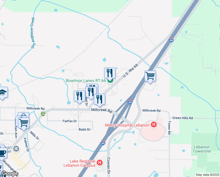 map of restaurants, bars, coffee shops, grocery stores, and more near 1325 East Seminole Avenue in Lebanon