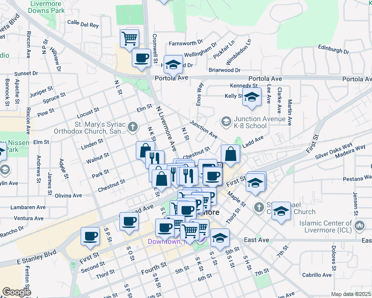 map of restaurants, bars, coffee shops, grocery stores, and more near 352 North Livermore Avenue in Livermore