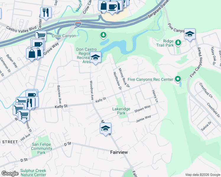 map of restaurants, bars, coffee shops, grocery stores, and more near 22653 Byron Street in Hayward
