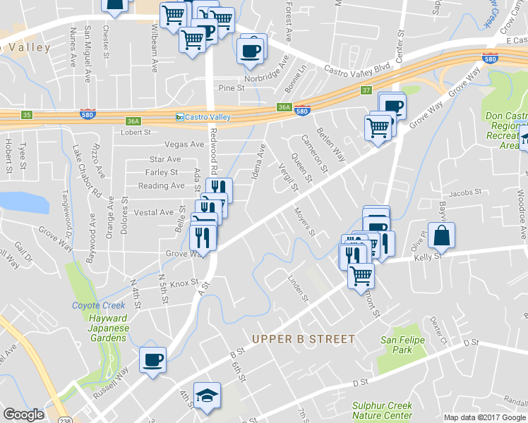 map of restaurants, bars, coffee shops, grocery stores, and more near 2525 Grove Way in Hayward
