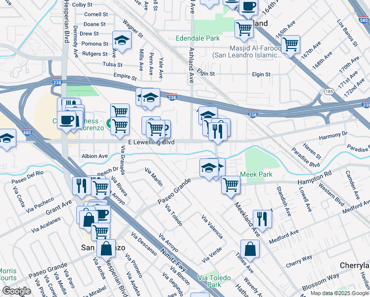 map of restaurants, bars, coffee shops, grocery stores, and more near 16787 Tiger Lane in San Lorenzo