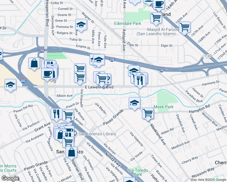 map of restaurants, bars, coffee shops, grocery stores, and more near 75 Lewelling Boulevard in San Lorenzo