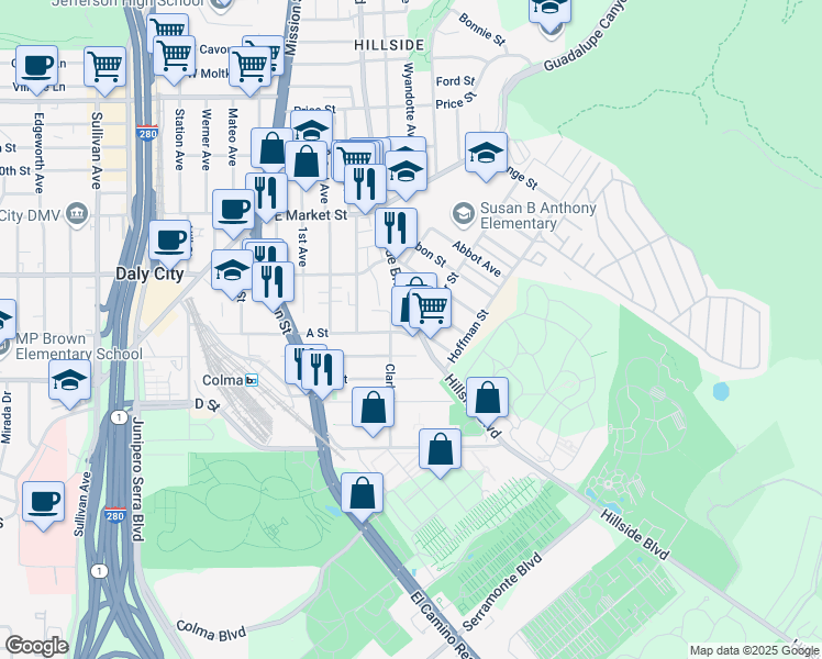 map of restaurants, bars, coffee shops, grocery stores, and more near 1196 Hillside Boulevard in Daly City