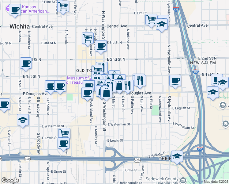 map of restaurants, bars, coffee shops, grocery stores, and more near 1113 East Douglas Avenue in Wichita
